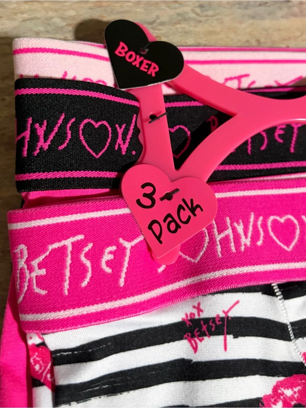 Betsey Johnson 3-Pack Black & White Striped Boxer Panties & Hot Pink Lip Print
